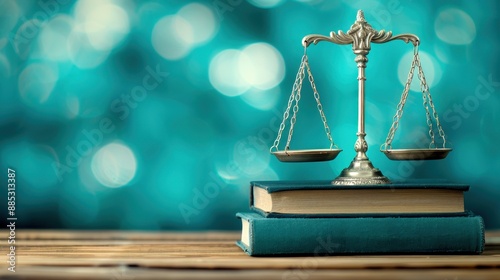 Golden justice scale on a stack of law books with blurred teal background, symbolizing legal balance and fairness. photo