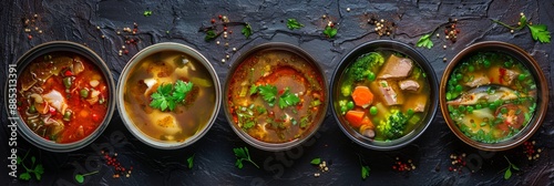 Asian Soups Set with Kespe Soup, Kullama or Beshbarmak, Fish Soup Bouillabaisse photo