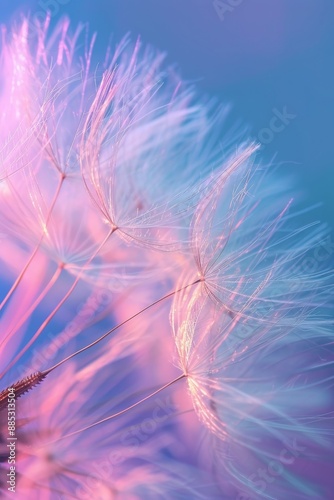 A close-up of pastel-colored seeds of a dandelion caught in wind AI genrated illustration