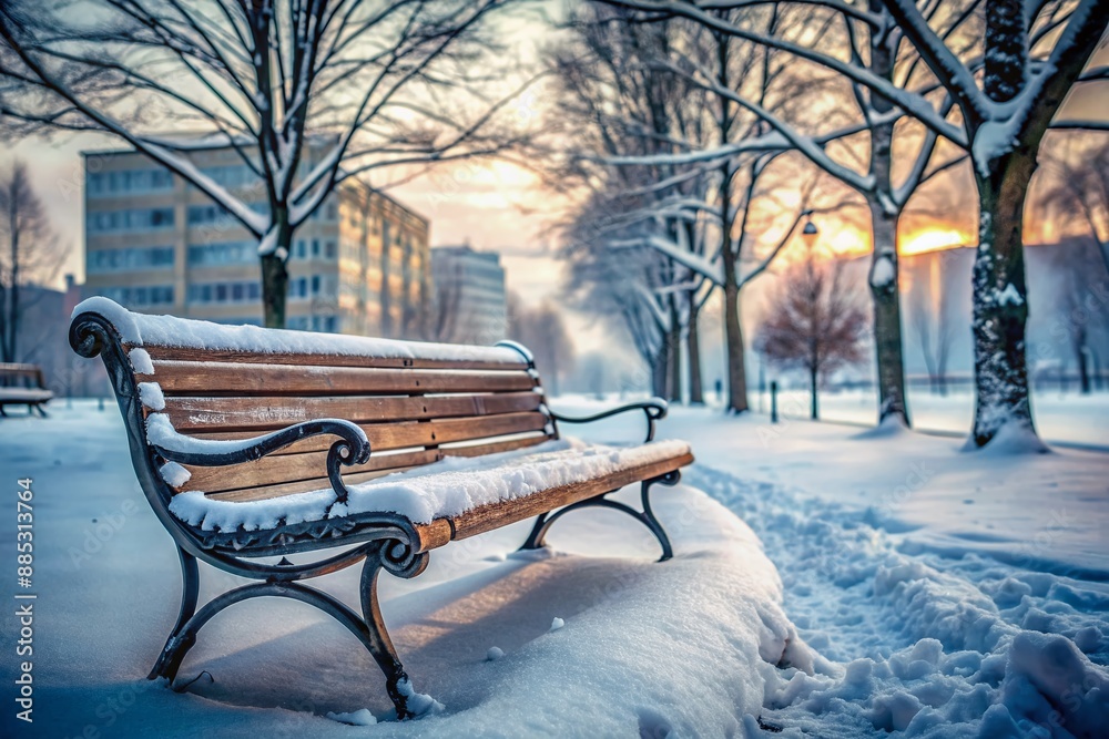 Frosty winter scene featuring a vacant, snowy bench in a desolate urban setting, evoking feelings of isolation and melancholy on a cold, grey day. Frosty winter scene featuring a vacant, snowy bench in a desolate urban setting, evoking feelings of isolation and melancholy on a cold, grey day.