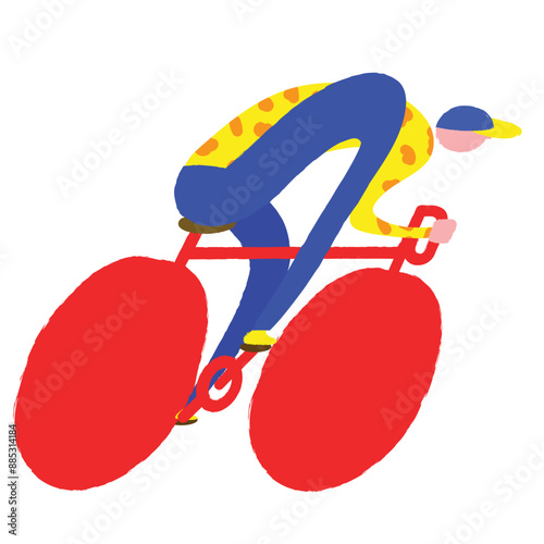 Cartoon style vector illustration of cyclist in yellow and blue attire riding red bicycle with oversized red wheels, on white background, emphasizing speed and motion. Concept of sport, competition