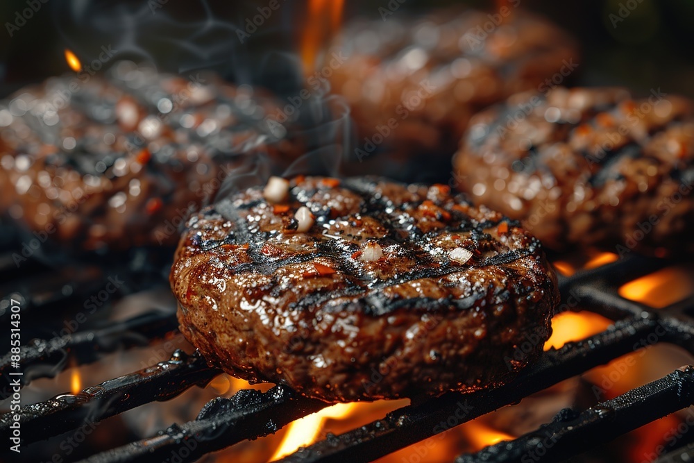 Cooking meat cutlet on hot grill barbecue grate with fire flams and smoke outdoors Cooking meat cutlet on hot grill barbecue grate with fire flams and smoke outdoors