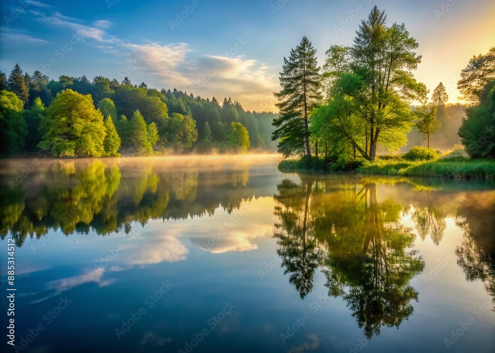 Peaceful morning scene of a serene lake at dawn, with misty atmosphere and surrounded by lush green trees, reflecting perfectly in the calm water's glassy surface. Peaceful morning scene of a serene lake at dawn, with misty atmosphere and surrounded by lush green trees, reflecting perfectly in the calm water's glassy surface.