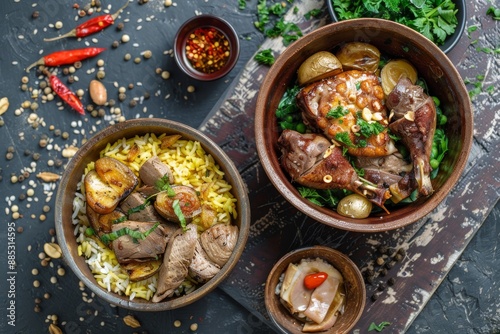 Lyavangi and Jiz-biz, Roasted Quail with Rice and Grilled Liver, Heart and Lungs in Ceramic Bowls photo