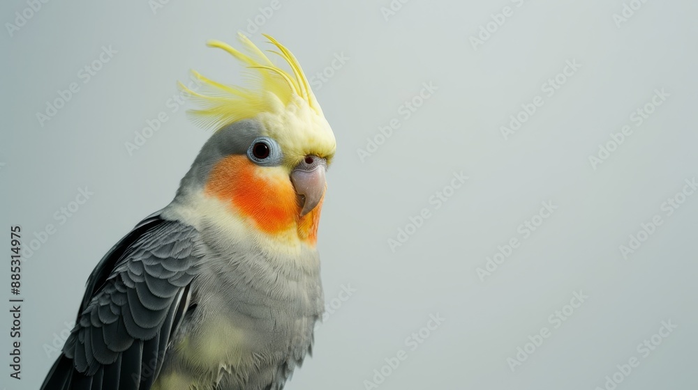 Fototapeta premium A cockatiel bird perched against a minimal white background AI genrated illustration