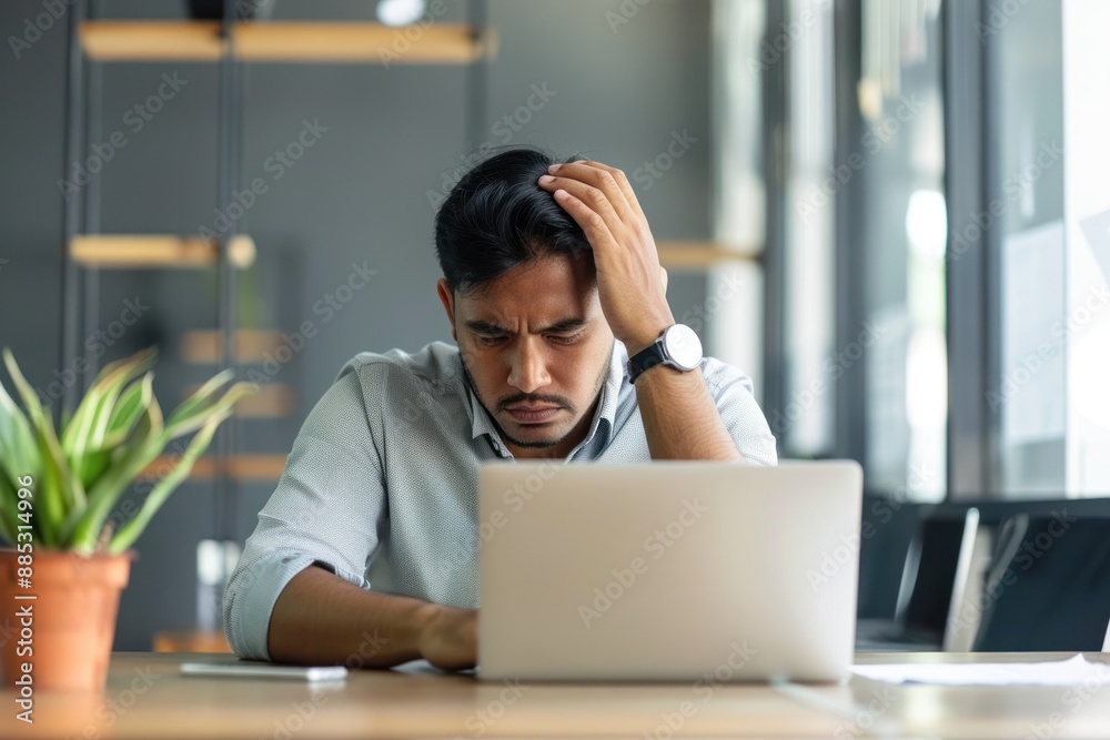 Sad upset business man at workplace, Hispanic man disappointed with work results inside office Sad upset business man at workplace, Hispanic man disappointed with work results inside office