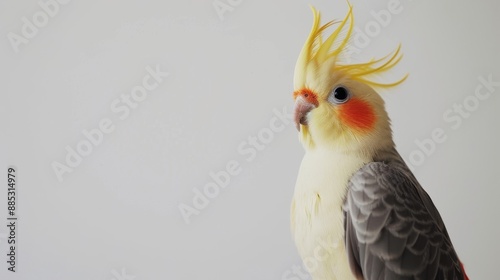 A cockatiel bird perched against a minimal white background  AI genrated illustration