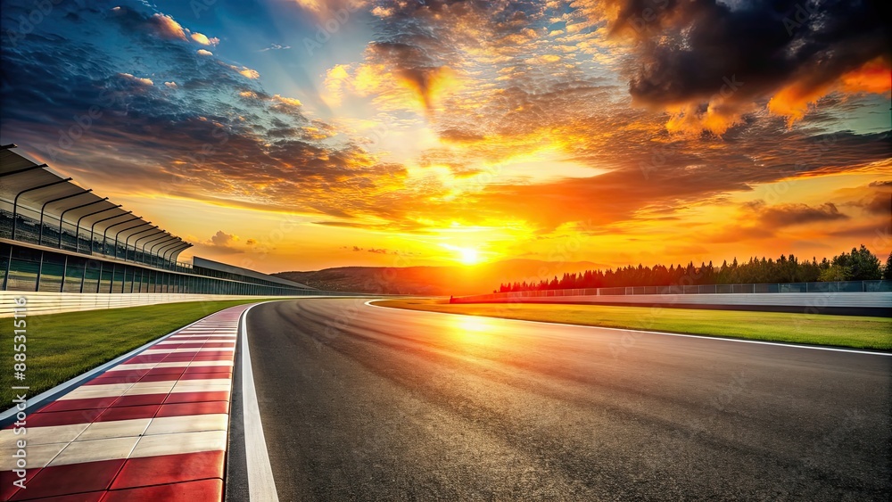 Naklejka premium Formula 1 racing track glowing in the sunset , Sunset, Racing, Track, Formula 1, Speed, Cars, Competition