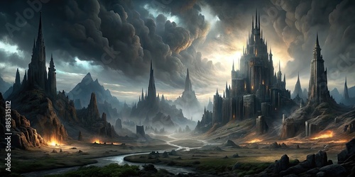 Concept art of a dark, ominous landscape resembling Mordor from Lord of the Rings, Mordor, fantasy, evil photo