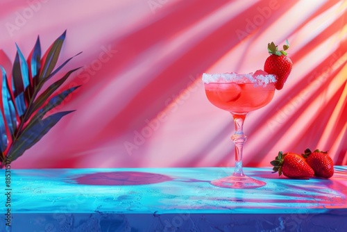 Strawberry Margarita Cocktail on Color Neon Background, Tropical Mocktail, Beach Party Coctail photo