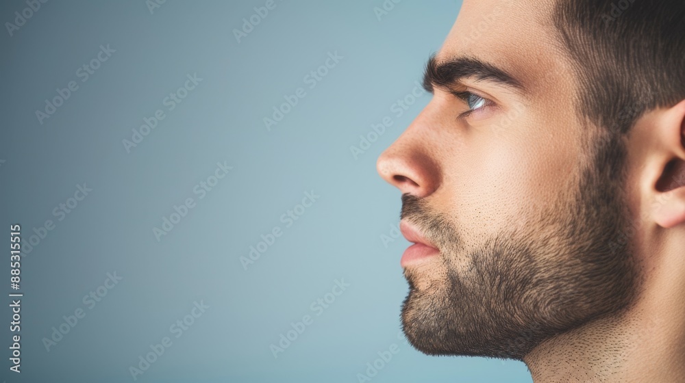 Obraz premium Profile View of Young Man with Stubble on Blue Background