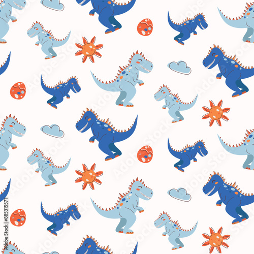 Seamless pattern with cute dinosaurs. Kawaii character. Flat vector illustration for children