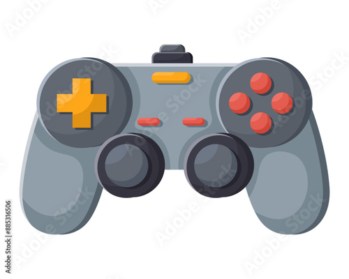Grey videogame joystick. Retro game console, wireless gamepad, icon of playing controller on white background, electronic digital device, accessory for gamers, gaming technology.