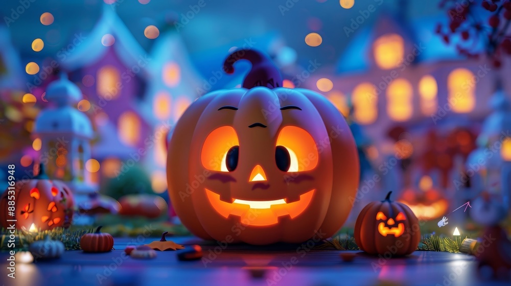 A glowing carved pumpkin with a cheerful face, set in a festive Halloween village scene at night with soft, colorful lighting.