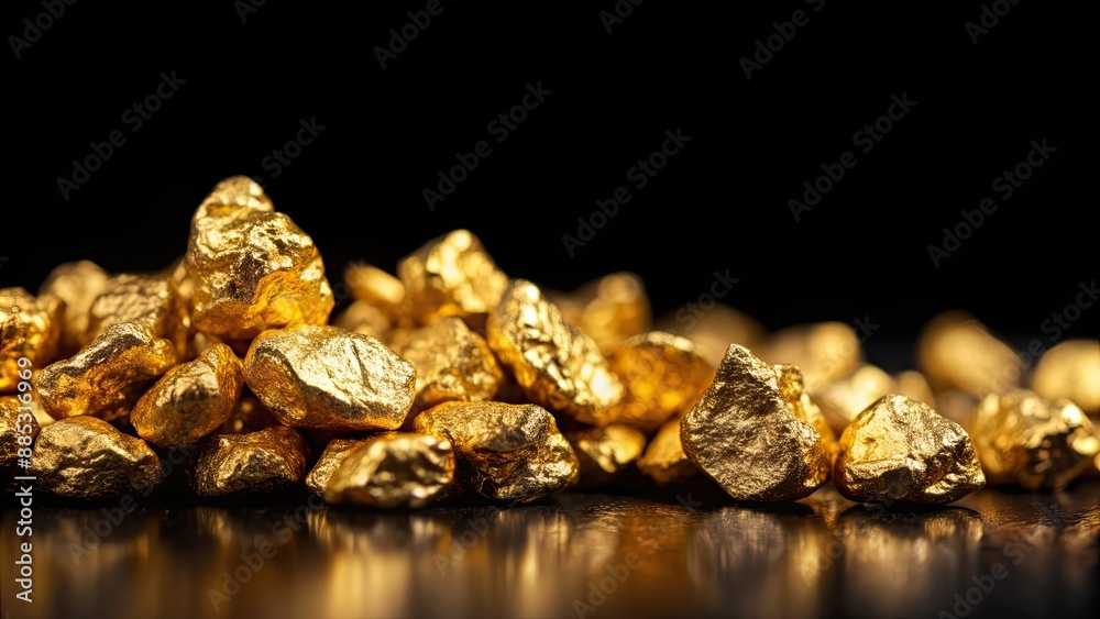 Close up of shiny gold nuggets on black background, gold, precious metal, treasure, wealth, investment, mining, minerals, luxury Close up of shiny gold nuggets on black background, gold, precious metal, treasure, wealth, investment, mining, minerals, luxury