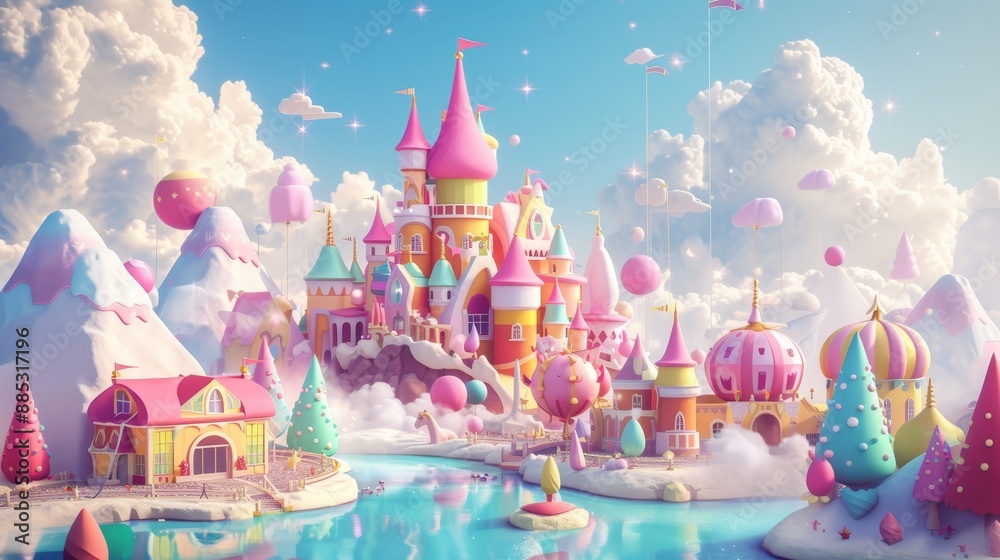 A cute 3D fairy tale land with castles unicorns and stars  AI genrated illustration