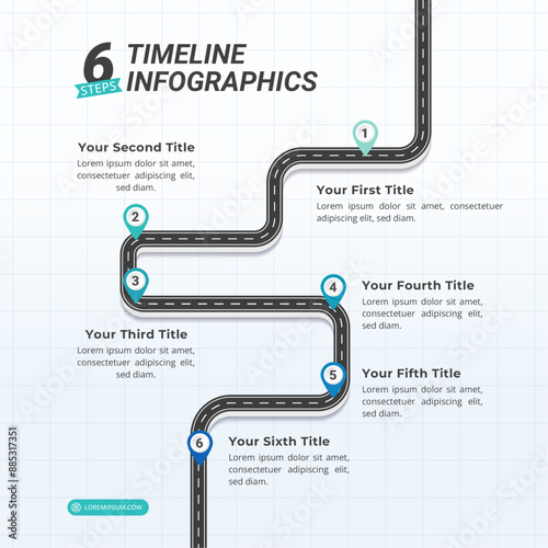 6 Steps Road Timeline Infographics with Editable Text on a 1:1 ratio layout for Presentation, Booklet, and Social Media Feeds.