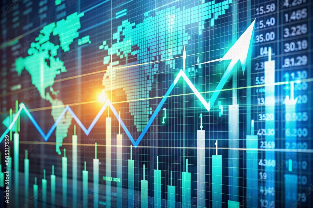 Upward trending arrows and charts on a digital screen display rising stock market numbers and financial growth, symbolizing successful investment and trading strategies. Upward trending arrows and charts on a digital screen display rising stock market numbers and financial growth, symbolizing successful investment and trading strategies.