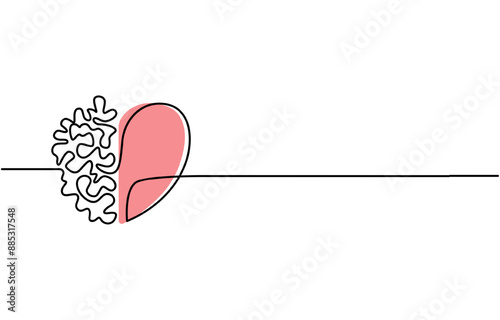 One continuous line drawing of half of a human brain and love in the shape of a heart logo icon. Philosophical of love and reason. Vector graphics post, One line brain design silhouette.Logo design.