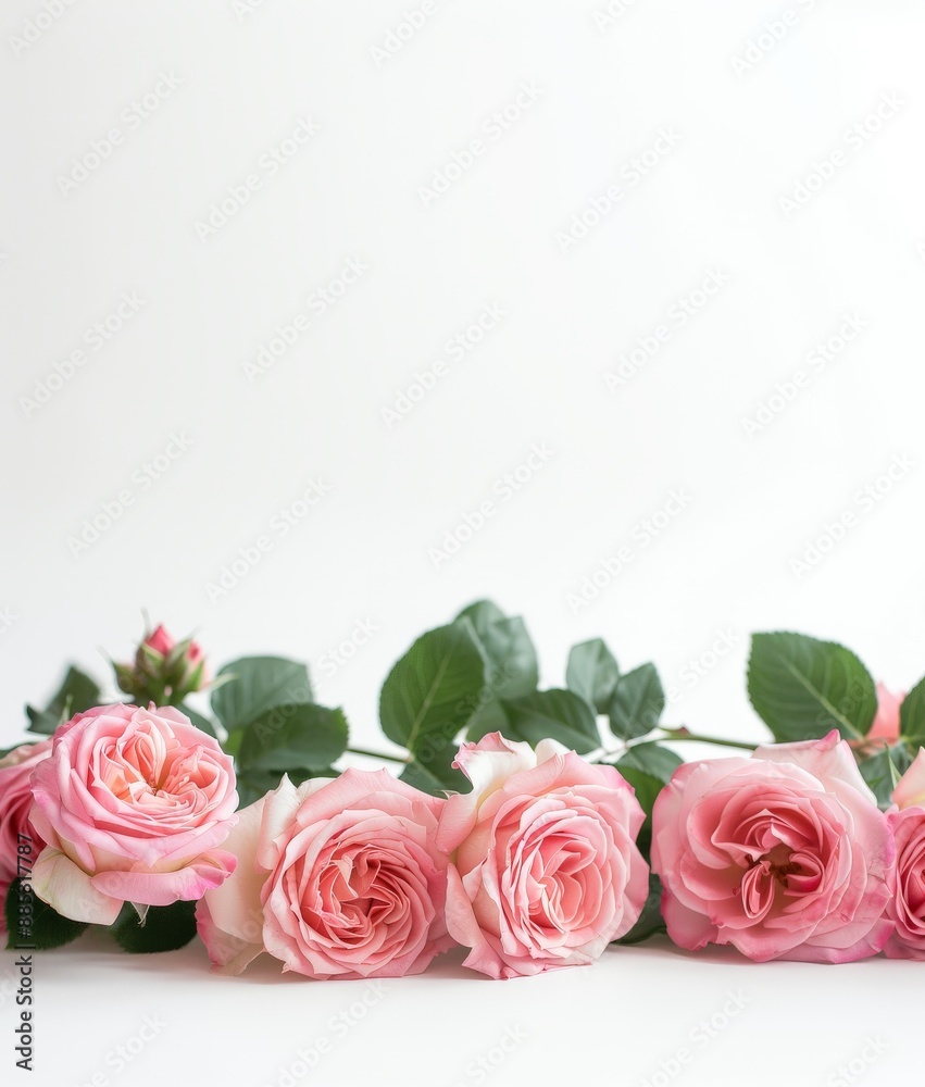 Pink roses with green leaves on a white background