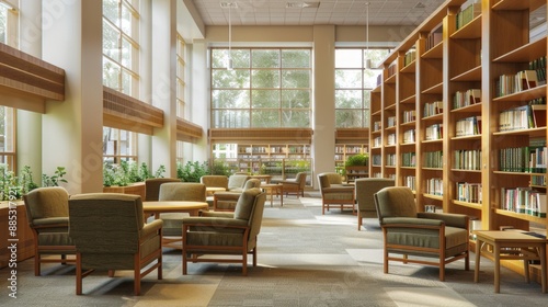 Modern Library Interior with Large Windows and Bookshelves.