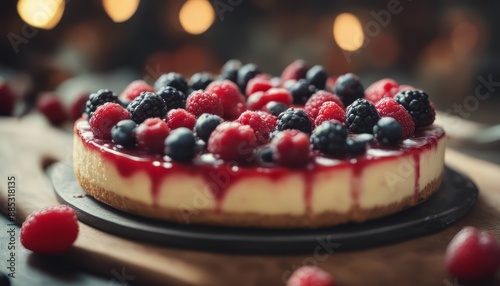 Homemade cheesecake with fresh berries on a cutboard photo