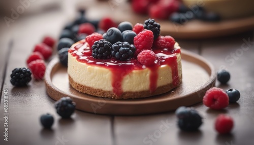 Homemade cheesecake with fresh berries on a cutboard photo