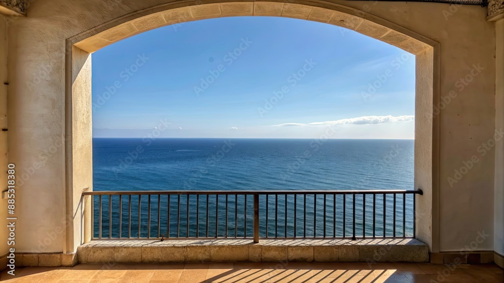 Fototapeta premium Illustrated view from terrace window overlooking the Mediterranean Sea, terrace, window, Mediterranean Sea, view,sea, ocean