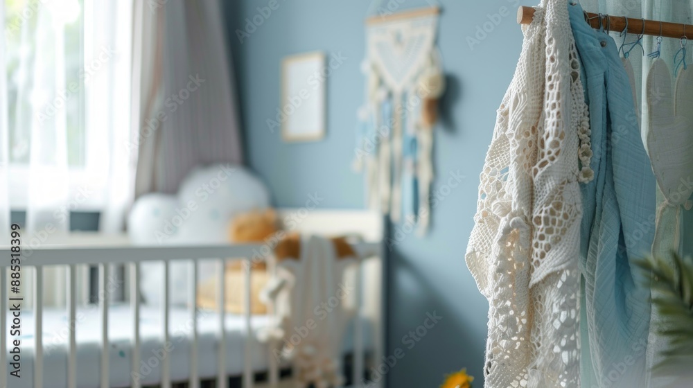Closeup of Crochet and Soft Fabric Hanging in a Nursery Closeup of Crochet and Soft Fabric Hanging in a Nursery