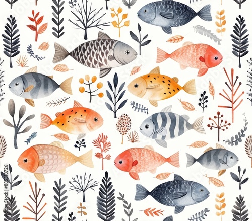 Playful Fish and Foliage Seamless Pattern photo