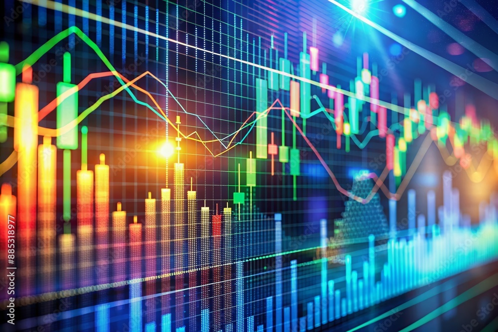 Vibrant digital screen displays dynamic stock market chart with fluctuating lines and bars, showcasing real-time financial data trends in a mesmerizing array of colors.
