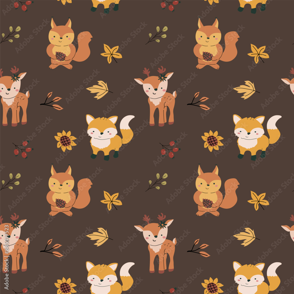 Autumn fall thanksgiving day seamless pattern with leaves, pumkins. Harvest decoration design. Square background with leaves, acorns, nuts. Childrens cute pattern with animals