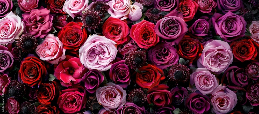 bucket of colorful roses photographed from above bucket of colorful roses photographed from above