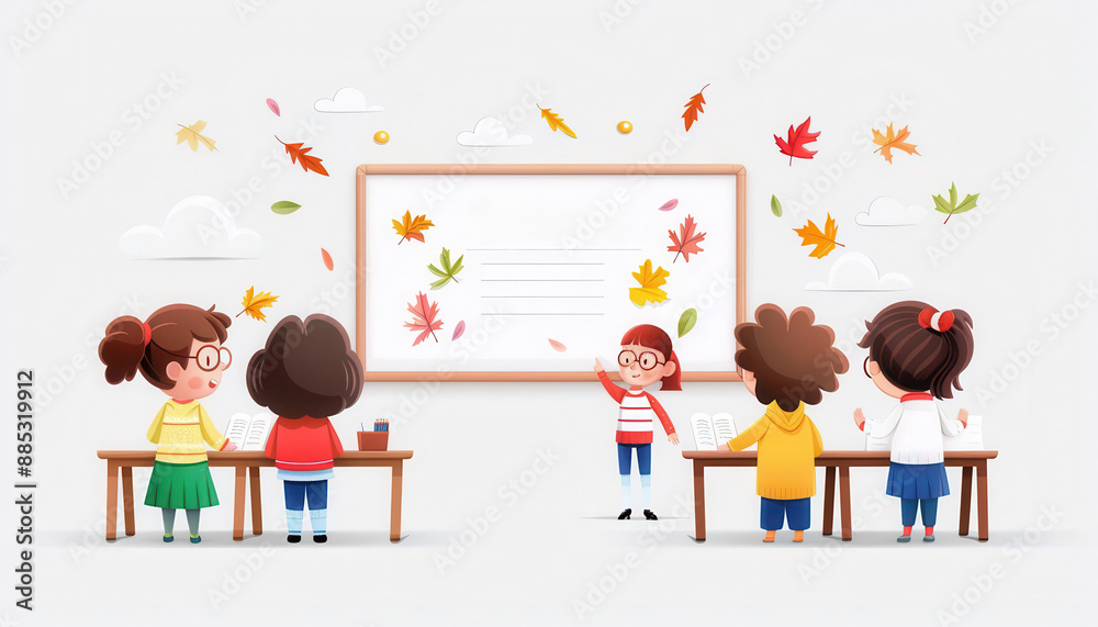 Teacher explaining a lesson in an autumndecorated classroom, students paying attention with autumn leaves on their desks, Fall Learning Environment, Interactive Education Teacher explaining a lesson in an autumndecorated classroom, students paying attention with autumn leaves on their desks, Fall Learning Environment, Interactive Education
