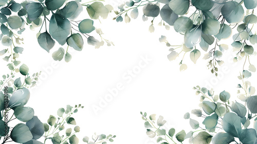 illustration of a natural watercolor background with green eucalyptus branches, in the style of floral, dark white and light aquamarine, decorative borders