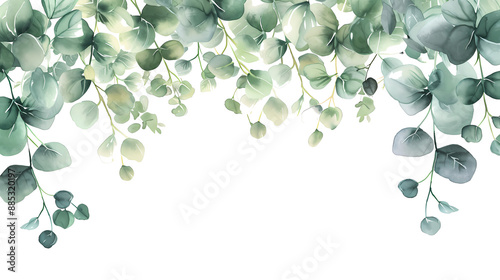 illustration of a natural watercolor background with green eucalyptus branches, in the style of floral, dark white and light aquamarine, decorative borders