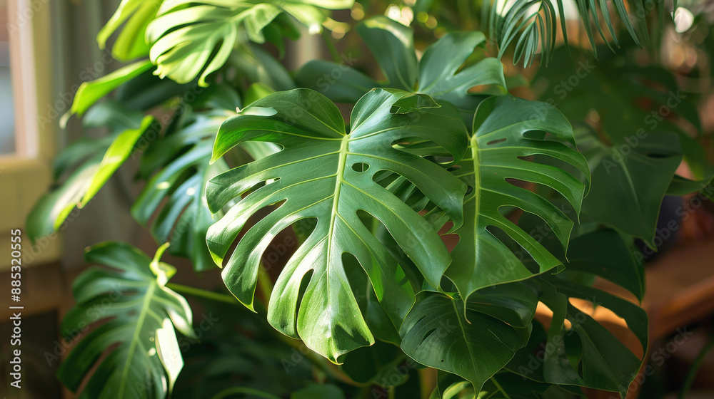 Lush green Monstera plants with distinctive split leaves are bathed in sunlight, creating a vibrant and refreshing indoor tropical ambiance. Lush green Monstera plants with distinctive split leaves are bathed in sunlight, creating a vibrant and refreshing indoor tropical ambiance.