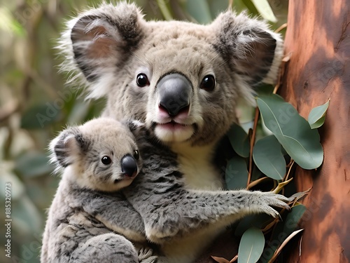 Tiny koala joey clings to its mother's back