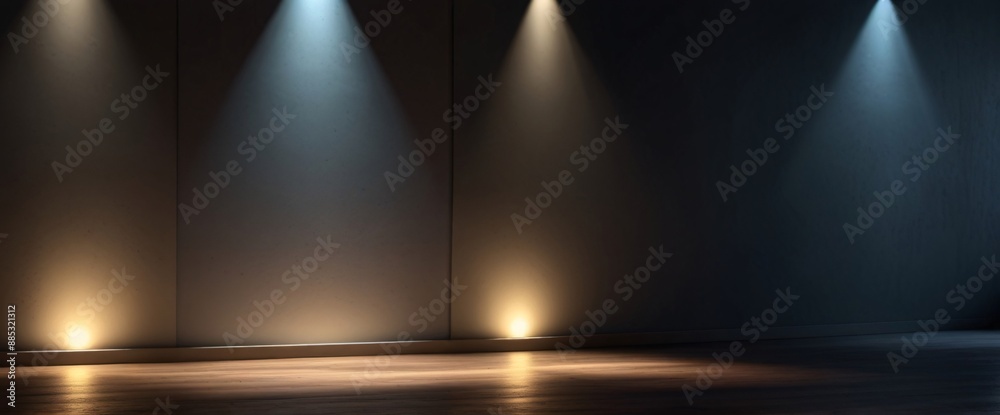 Obraz premium A single spotlight illuminates an empty wooden stage in a dark theater
