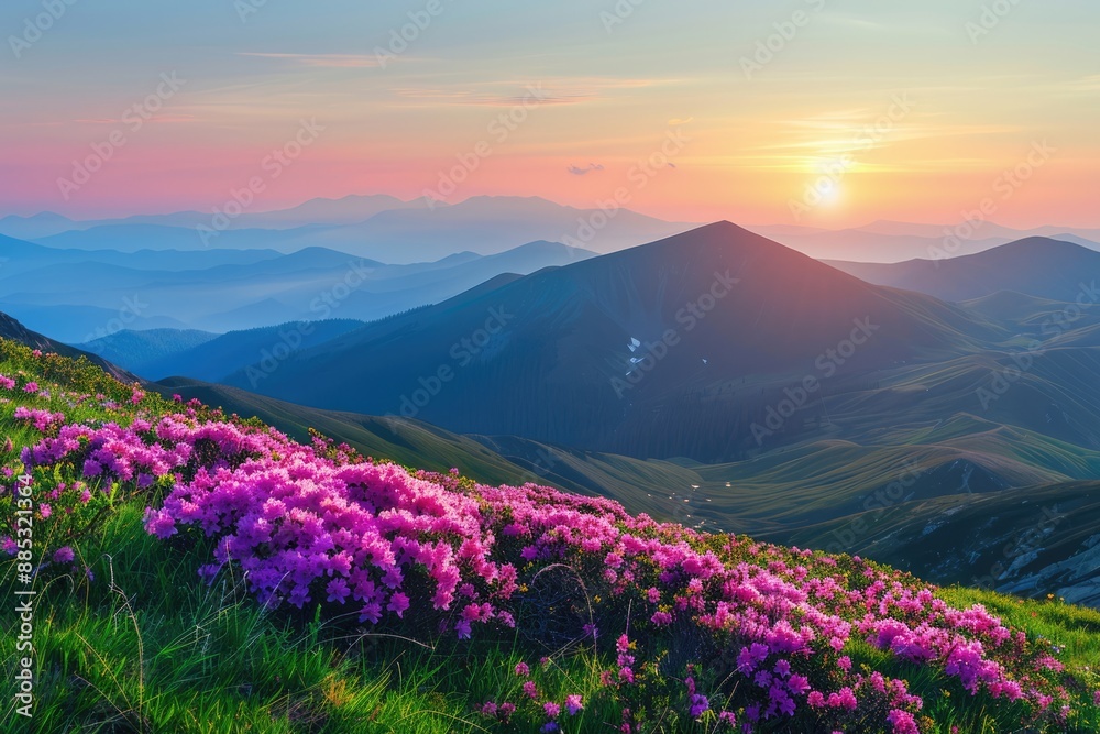 Mountain Sunrise with Pink Rhododendron Blooms Mountain Sunrise with Pink Rhododendron Blooms