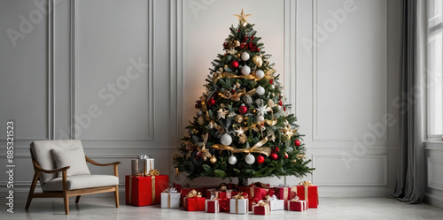 Elegant white Christmas tree with candles on dark background 