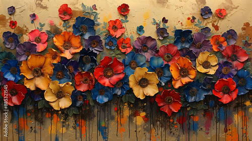 Vibrant Floral Painting with Textured Gold Background