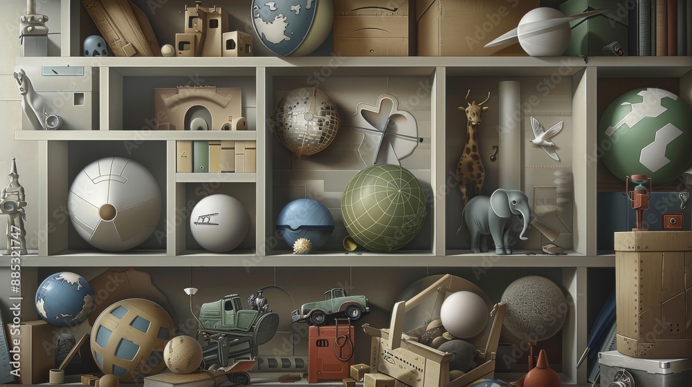 A cluttered shelf filled with globes, toys, and other assorted objects. The image evokes a sense of childhood nostalgia and wonder. A cluttered shelf filled with globes, toys, and other assorted objects. The image evokes a sense of childhood nostalgia and wonder.