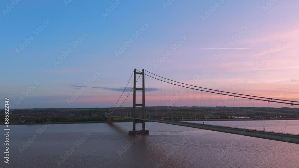 Aerial sunset over Humber Bridge, cars in motion. Aerial sunset over Humber Bridge, cars in motion.