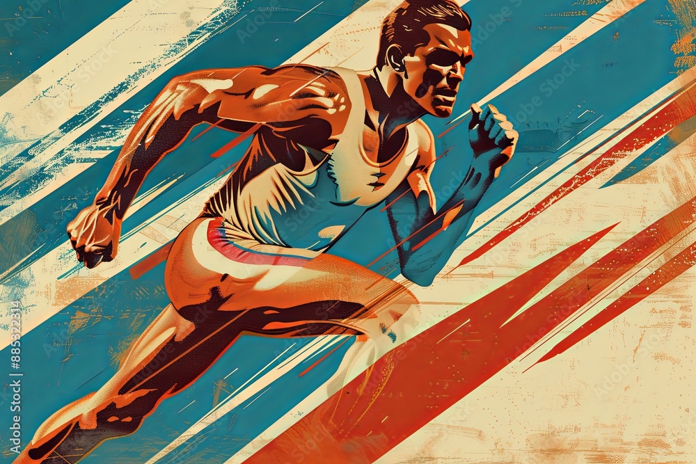 Obraz premium A vintage-style poster showcasing a runner in mid-stride, with a dynamic background of bold red, white, and blue diagonal lines. Generative AI