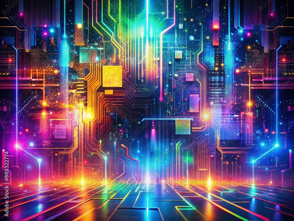 custom made wallpaper toronto digitalVibrant futuristic digital glitch art background featuring distorted pixels, circuit boards, and futuristic neon lights in a mesmerizing flat design, ideal for tech and innovation concepts.