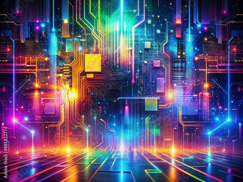 Wallpaper Mural Vibrant futuristic digital glitch art background featuring distorted pixels, circuit boards, and futuristic neon lights in a mesmerizing flat design, ideal for tech and innovation concepts. Torontodigital.ca
