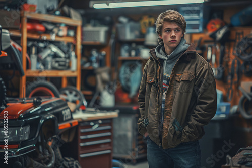 Teenager in garage, student learning auto repair, working on a vehicle