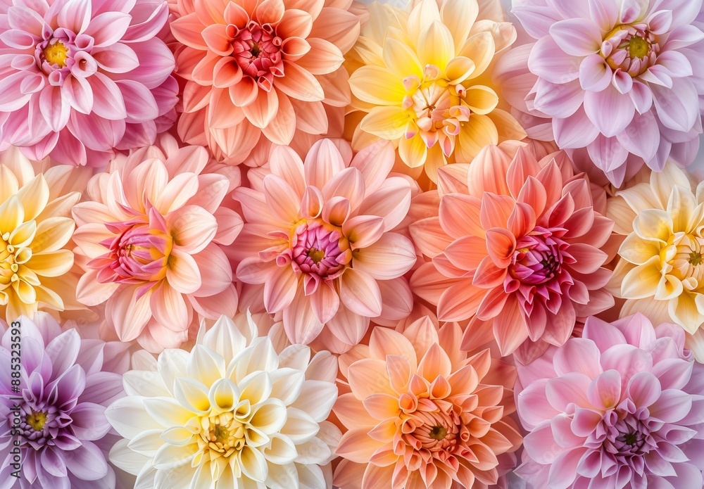 Dahlia flower rainbow blooming in summer, blossoming flower wall festive background, pastel bouquet floral card, toned down