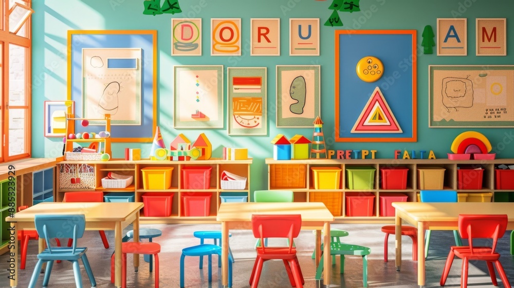 Colorful Classroom with Tables and Chairs. Colorful Classroom with Tables and Chairs.